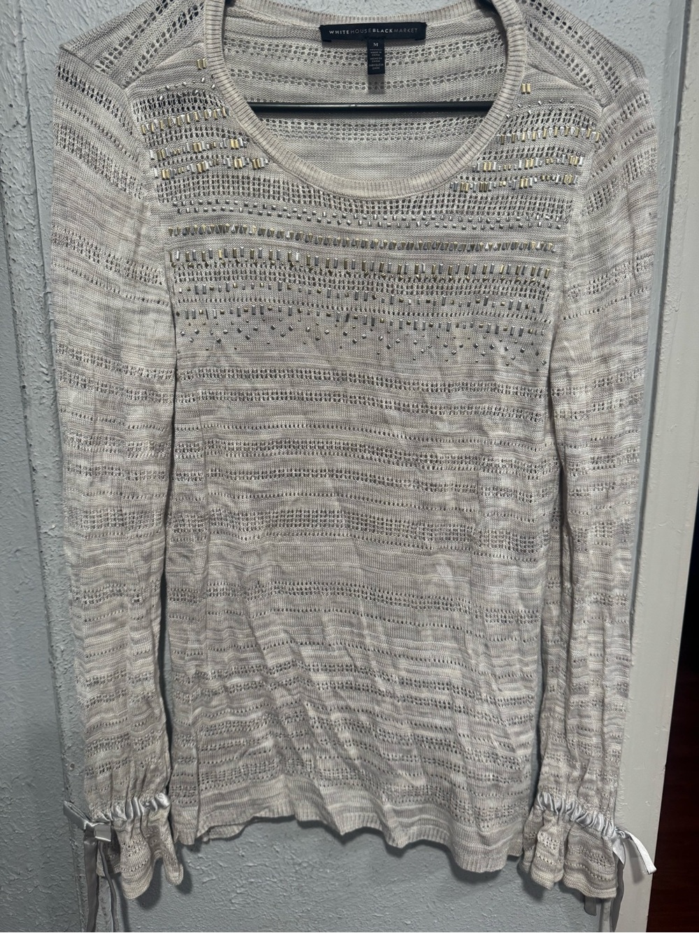 White House Black Market Ivory Open-Knit Embellished Long Sleeve Top